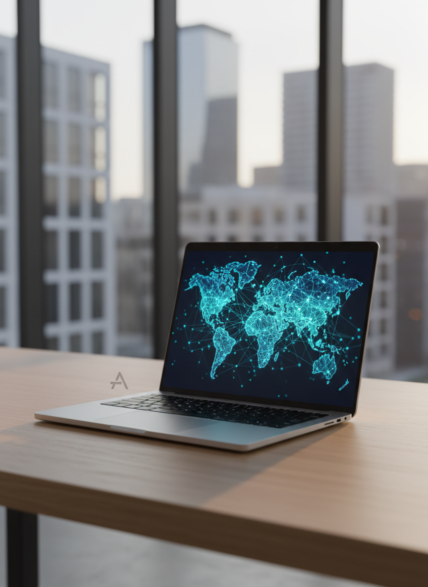 A sleek, silver laptop with a minimalist Automattic logo on the back of the display sits open on a clean, light oak desk. The screen shows an abstract but recognizable network of connected nodes and lines, symbolizing global strategic partnerships, rendered in cool blues and teals. Behind the desk, a large floor-to-ceiling window reveals a softly blurred modern city skyline. Late afternoon natural light streams in, creating gentle reflections on the laptop’s brushed metal surface and subtle shadows along the desk edge. Photographed at eye level with a slight angle, using shallow depth of field to keep the laptop in crisp focus while the background melts into smooth bokeh. The mood is professional, calm, and forward-thinking, with a clean, modern photographic realism suited to a personal professional profile homepage hero image.