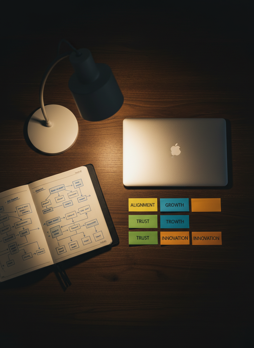 On a dark, finely grained wooden desk sits a carefully arranged set of partnership planning tools: an open hardcover notebook with neatly sketched flowcharts, a slim silver laptop closed beside it, and a set of color-coded sticky notes forming a structured grid. Each note bears crisp, legible keywords like “Alignment”, “Growth”, and “Trust” in finely printed type. A single, minimalist desk lamp with a matte white shade casts warm, focused light over the center of the scene, creating a gentle vignette effect and soft shadows at the edges. The background fades into darkness, removing distractions and highlighting the planning space. Captured from a top-down, bird’s-eye perspective with sharp focus throughout, the image conveys methodical, thoughtful strategy work. The aesthetic is clean, modern, and photographic, with a quiet, contemplative atmosphere fitting for deep professional focus.