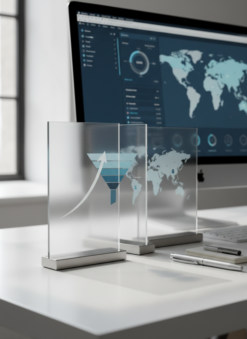 A close-up of a tidy workspace featuring three overlapping, semi-transparent acrylic panels standing upright in minimalist metal bases, each etched with different partnership metrics: growth curves, funnel diagrams, and regional maps. The panels catch soft daylight from a nearby window, creating delicate reflections and layered shadows on a matte white desk surface. Behind them, out of focus, a large monitor displays a structured dashboard in Automattic-inspired blues and neutral grays. Shot from a low, slightly side-on angle with shallow depth of field, the transparent panels form a layered visual metaphor for complex but well-organized relationships. The lighting is bright yet gentle, giving a calm, focused mood. The style is modern, precise, and photographic, ideal for illustrating data-driven strategic thinking on a professional profile site.