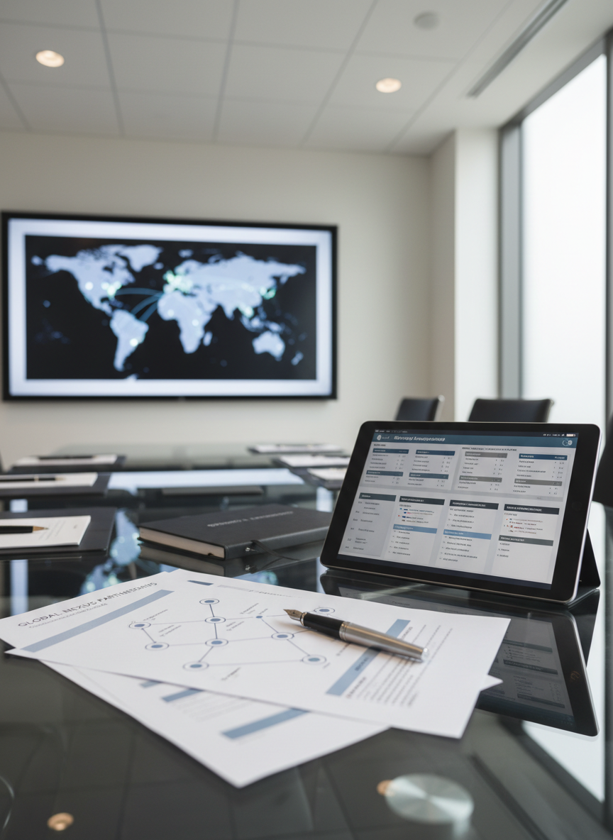 A polished glass conference table is covered with neatly arranged printed partnership diagrams, branded notebooks, and a slim, matte-black tablet displaying a detailed strategic roadmap in muted blues and grays. A single elegant fountain pen rests precisely on one document, its chrome accents catching the light. In the background, a large digital world map glows softly on a wall-mounted screen, showing connected dots across continents. Soft, diffused overhead lighting combines with indirect daylight from a side window, creating a balanced, professional illumination with minimal shadows. Captured from a slightly elevated angle, the composition uses the rule of thirds to emphasize the documents and tablet in the foreground, with the map blurred behind. The atmosphere is analytical, organized, and collaborative, rendered in clean photographic realism with a corporate yet approachable aesthetic.