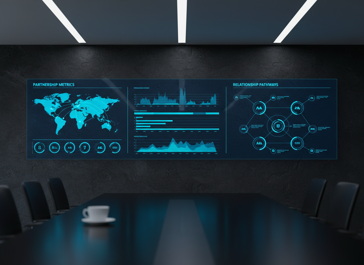 A wide, wall-mounted digital dashboard stretches across a dark slate wall in a modern office space, displaying interconnected partnership metrics: map overlays, timeline graphs, and labeled relationship pathways in a cohesive blue and teal color palette. In the foreground, slightly out of focus, sits a simple white ceramic cup on the edge of a smooth black table, adding a human scale without showing any person. Cool, even LED track lighting washes the wall, giving the graphics a precise, luminous appearance with minimal glare. Captured head-on at eye level, the composition emphasizes the breadth of the dashboard while using shallow depth of field to keep the viewer’s attention on a central cluster of data. The atmosphere is high-level and strategic, with a polished photographic realism suitable for illustrating sophisticated partnership oversight.
